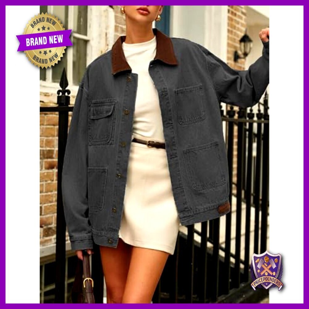 Oversized Denim Shacket Jacket Vintage Collar Button Down Relaxed Fit Chic - Picture 2 of 5